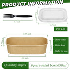 DI QIU REN 50-Pack 22oz Paper Bowls, Disposable Food Containers with Lids and Forks, Rectangular Disposable Salad Bowls for Diet Salad, Pasta (kraft Paper Rectangular, 22oz 50 Count)