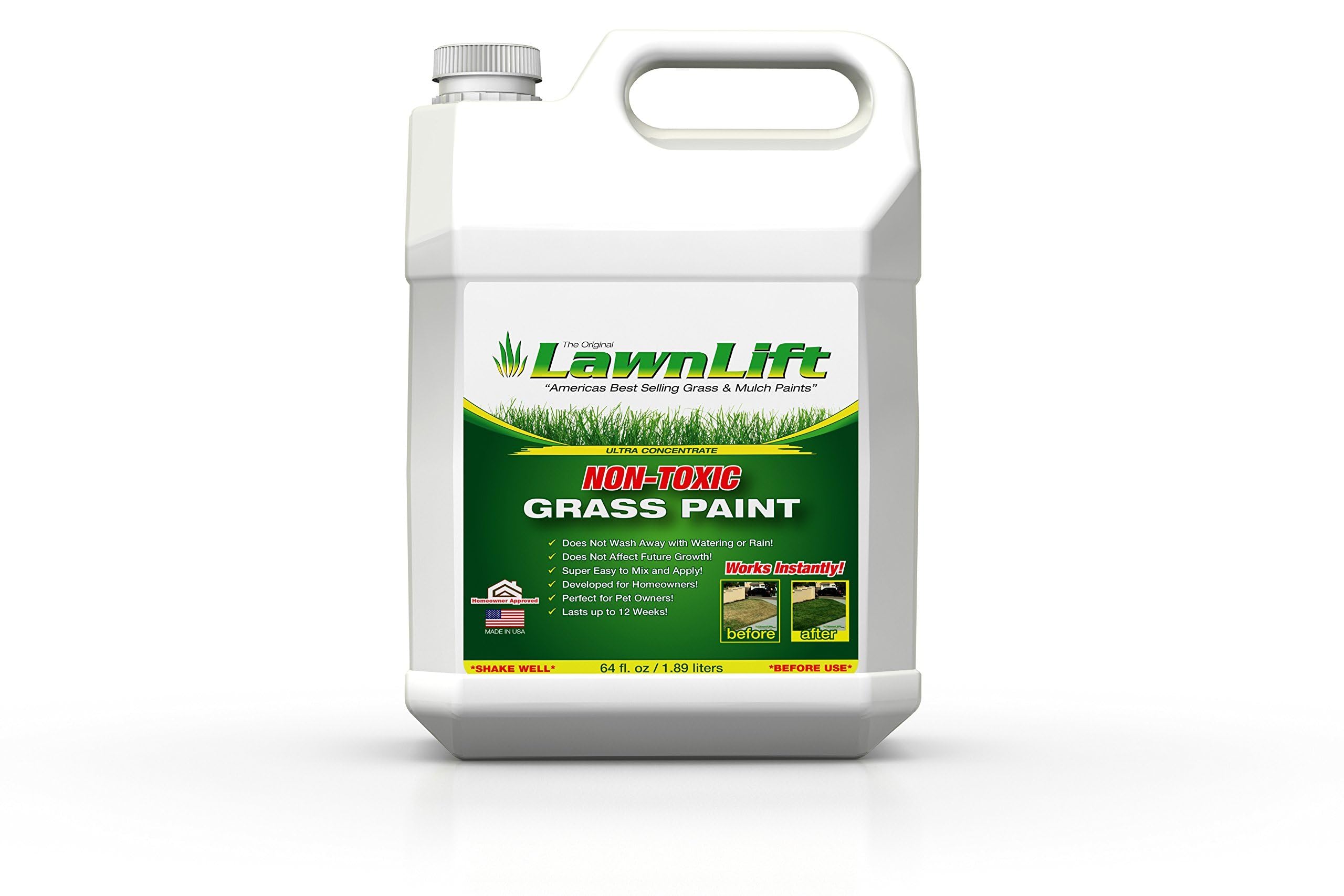 Lawnlift Ultra Concentrated (Green) Grass Paint 64oz. Covers up to 2000 sq feet* Coverage Will Vary depending on Condition of Grass, Sprayer Setting, Dilution Ratio and Desired Shade.
