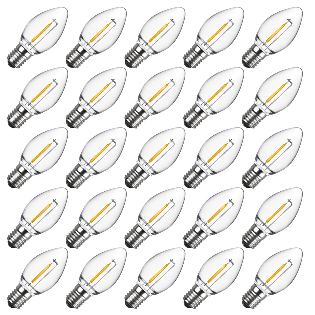 Meconard C7 LED Replacement Christmas Light Bulbs, C7 Shatterproof LED Bulbs for Christmas Indoor Outdoor String Lights, E12 Candelabra Base, Commercial Grade Holiday Bulbs, Warm White, 25 Pack