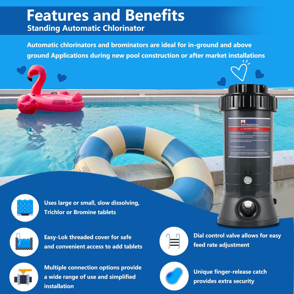 in-line Automatic Pool chlorinator MAYGO CL200 Performance Replacement Hayward CL200, Inline Pool Automatic chlorinator for Both Above Ground and Indoor Pool (9LB)