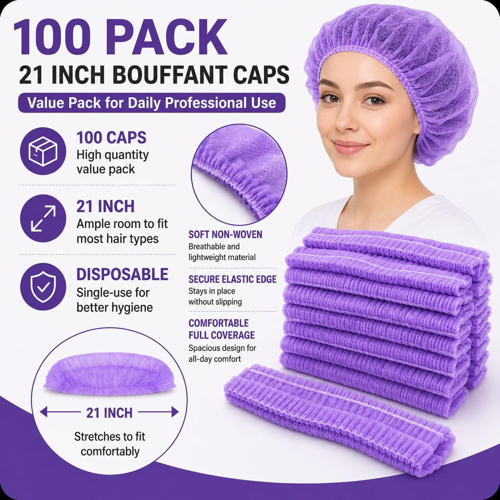 Disposable Bouffant Caps, 21inches Hair Net, Elastic Dust Cap for Food Service, Kitchen Head Cover (Purple)