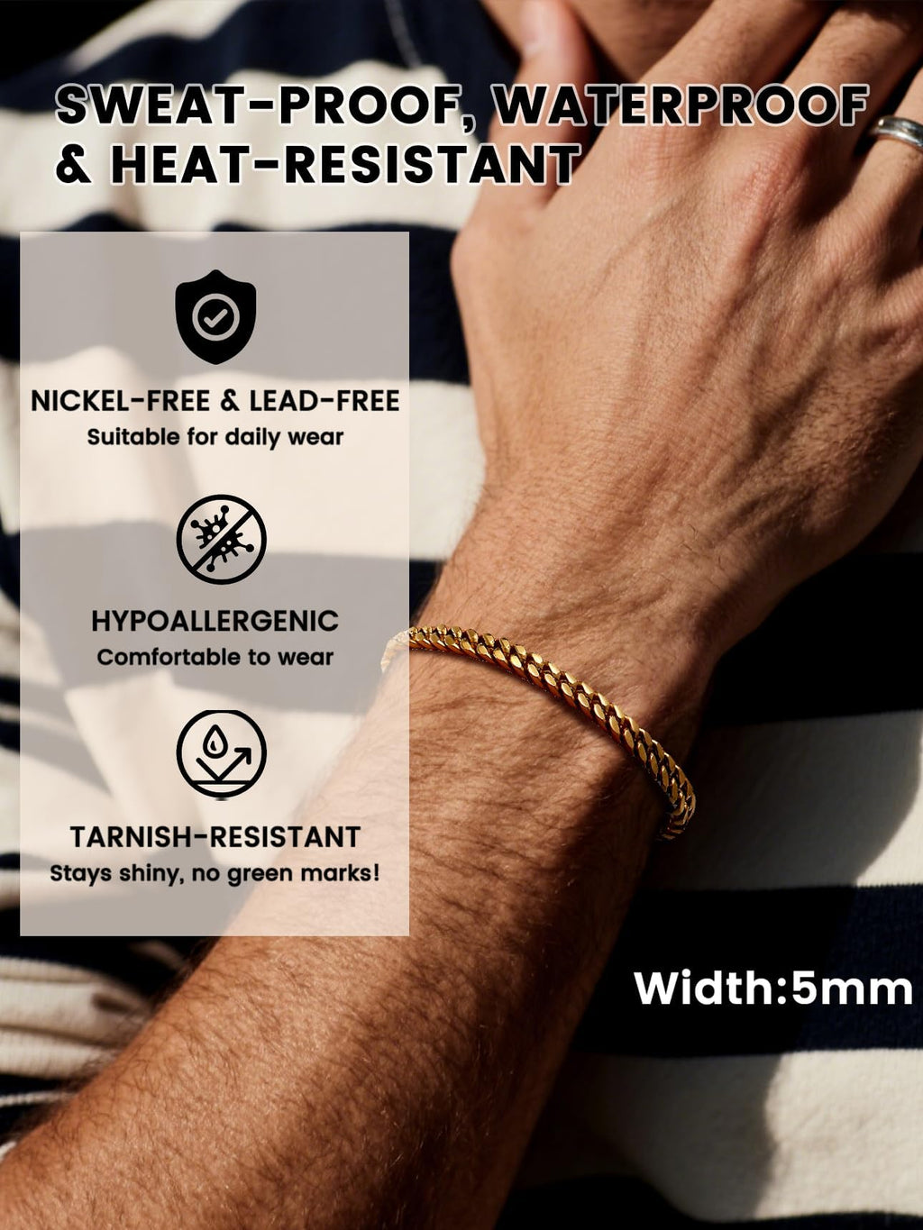 Bestyle 5mm 18K Gold Filled Miami Cuban Chains Bracelets Cool Causal Style Stainless Steel Curb Link Chain Bracelet for Men & Women, Daily Wear Gold Hand Chain 19cm/7.5Inch