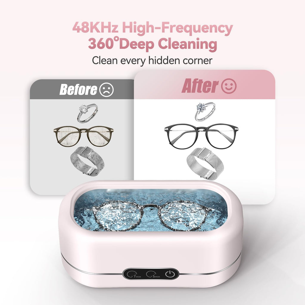BYASKZIV Jewelry Cleaner Ultrasonic Machine, Upgraded 48KHz Ultrasonic Cleaner with 304 Stainless Steel for Jewelry, Eyeglasses, Rings, Watch Strap, Dentures-Pink
