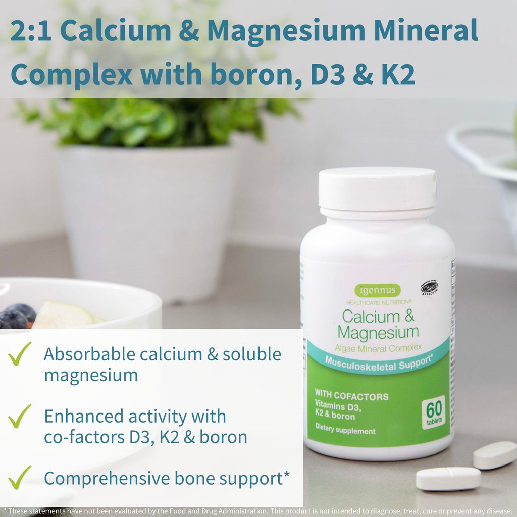 Igennus Algae Calcium & Magnesium Supplement, Plant Based, High Absorption, K2 & D3, Vegan, Non-GMO Red Algae Mineral Complex for Bone & Teeth Support, for Women and Men, with Boron, 60 Tablets