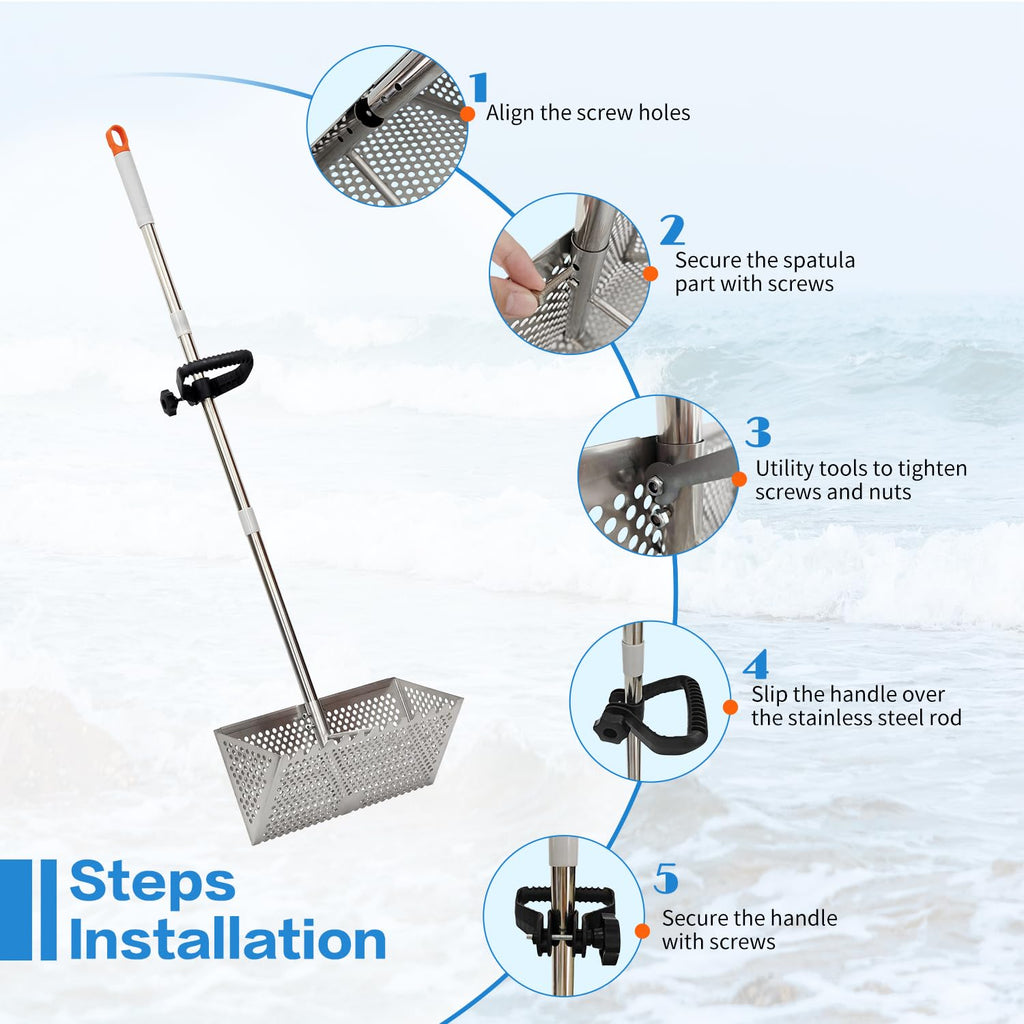 LTSEAME Sand Flea Rake, Detachable Long Handle Sand Sifter for The Beach, The Shark Tooth Screen Comes with a 16in Wide Drain Screen