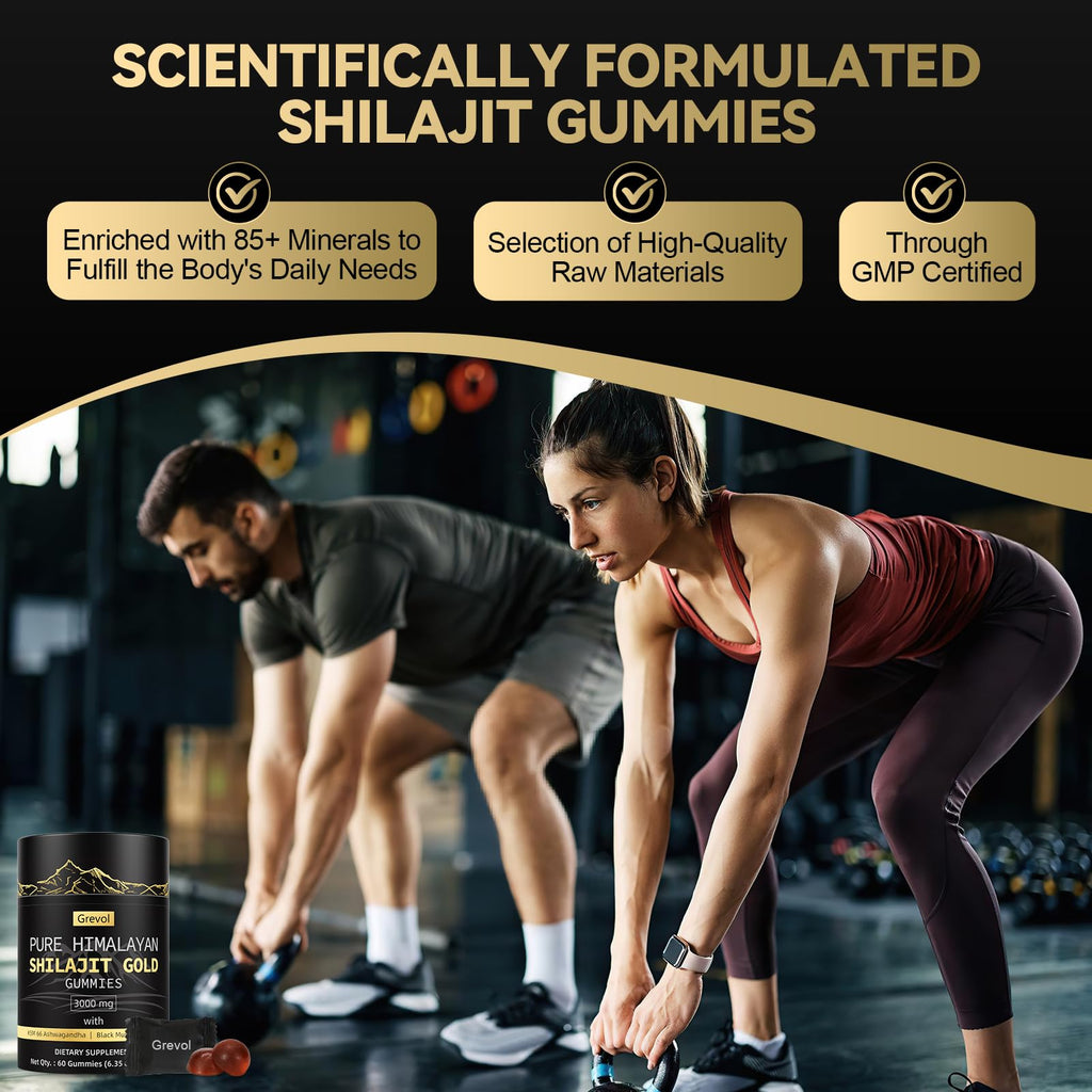 Grevol Himalayan Shilajit Gummies: Gold Grade Shilajit Riched with Ashwagandha Fulvic Acid & 85+ Trace Minerals - No Added Sugar - Individually Wrapped - for Men & Women - 60 Gummy