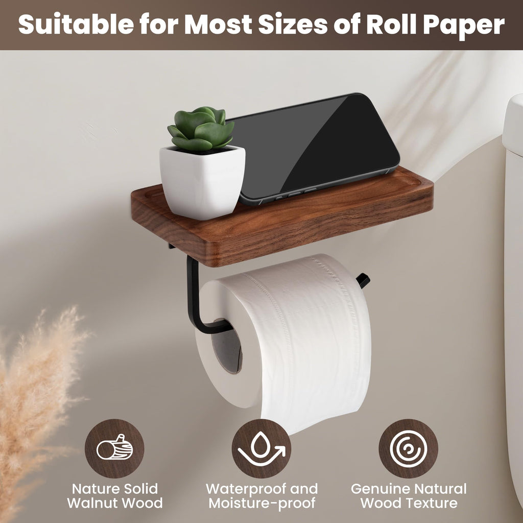TOKCKYBL Toilet Paper Holder Walnut Wood Shelf - Wall Mount & Self-Adhesive