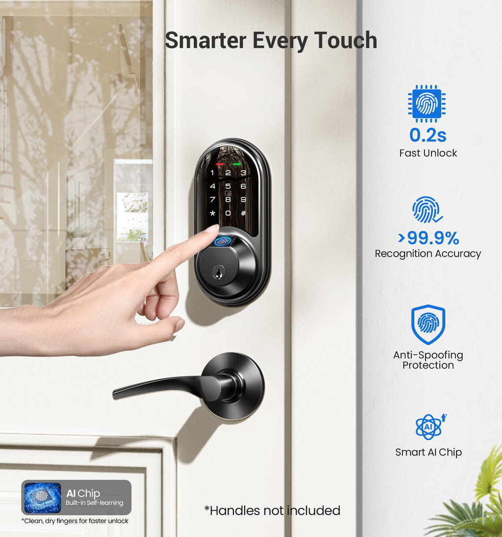 Veise RZ07 Fingerprint Smart Lock, 7-in-1 Smart Locks for Front Door, Keyless Entry Door Lock with App Control, Biometric Electronic Touchscreen Keypad Deadbolt, Matte Black
