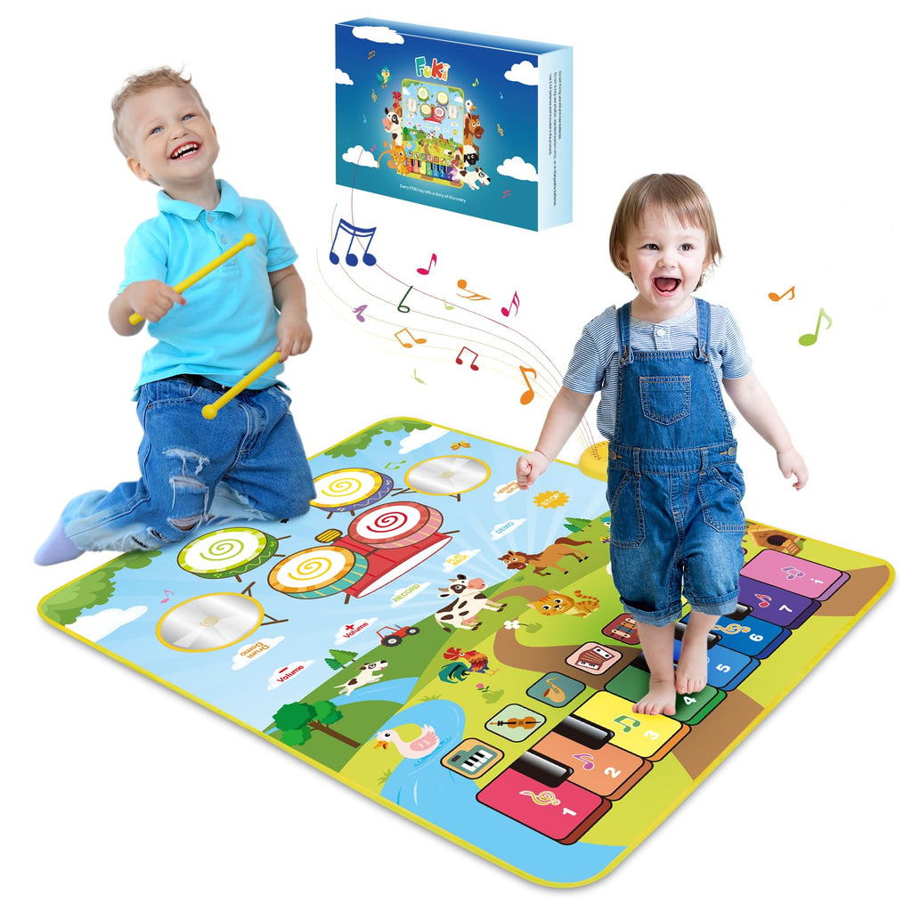 Foki 3-in-1 Musical Mats, Child Floor Piano Drum Animal Music Play Mat Montessori Sensory Early Educational Musical Learning Toys for Baby Girls Boys Birthday Toddlers 1-5 Years Old