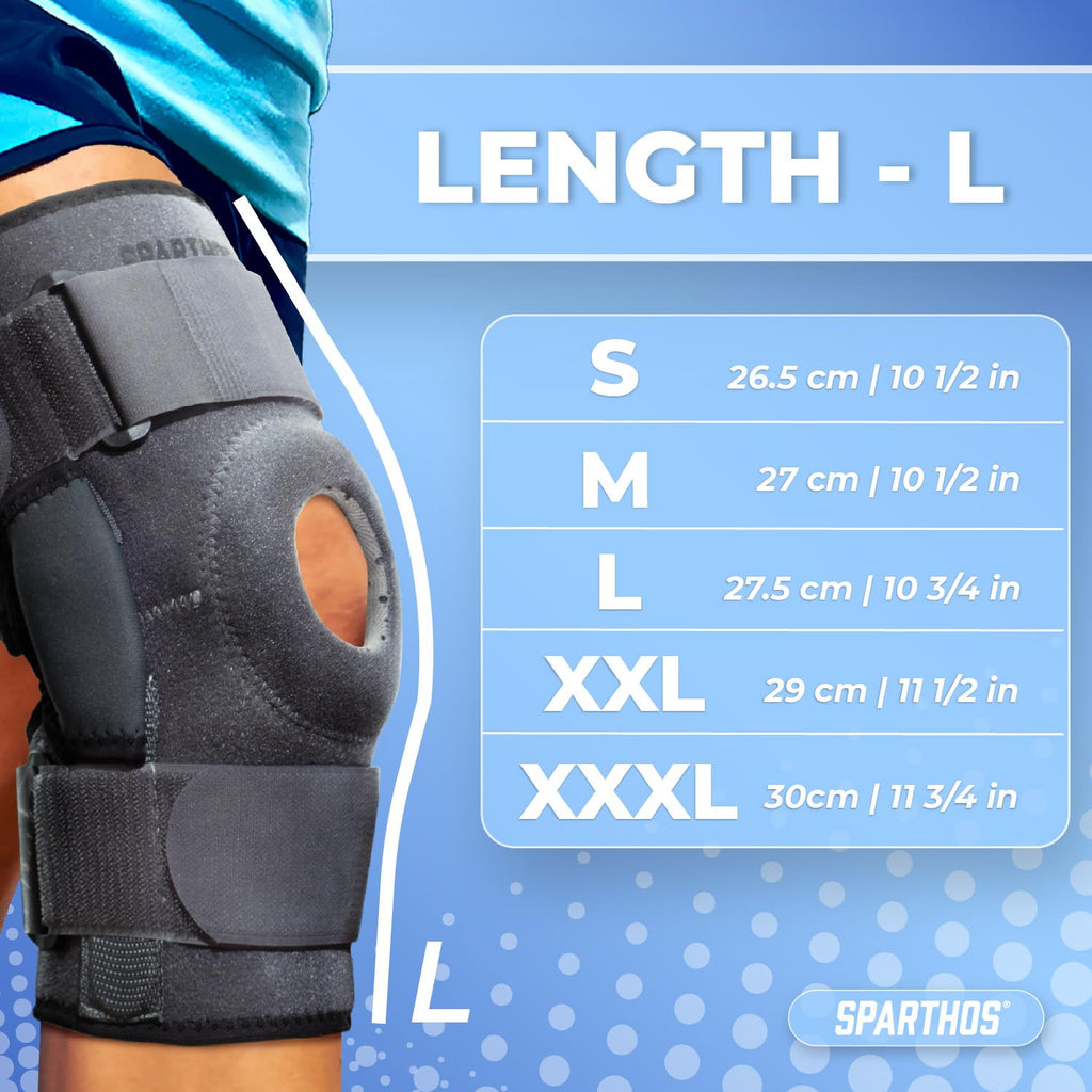 Sparthos Knee Brace - Heavy-Duty Hinged Support for ACL, MCL, Meniscus Tear, Arthritis, Tendonitis Pain - Open Patella - 4-Strap Adjustable, For Men and Women, Check Size Chart (Medium, 12½-15½″ Thigh)