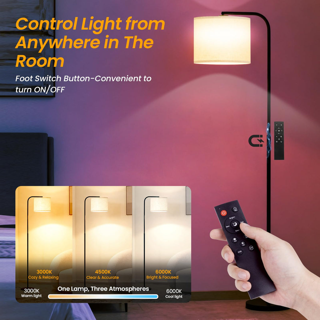 Remote Floor Lamp for Living Room and Bedroom - Modern RGB Standing Lamps Tall with Led Blub and Dimmable Light - Black Arc Room Lights with Shade for Home Decor Office Corner and Reading ( Black+RGB)