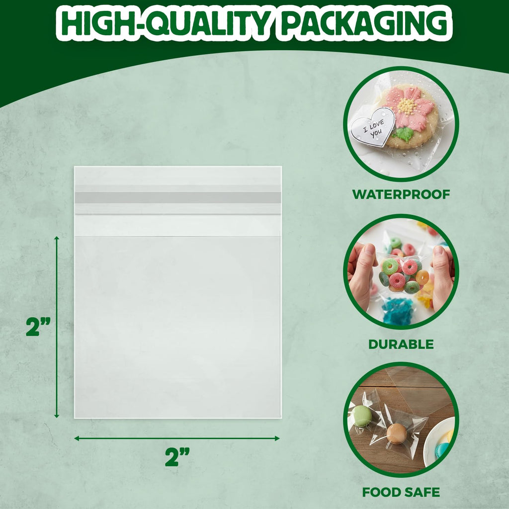 Seal Fresh Self Sealing Cellophane Bags - 2" x 2" (1000 Count) - Clear Plastic Resealable Cello Bag - Cellophane Treat Bags, Cookie Bags for Packaging, Candy bags, Cello Bags, Pastry Bags