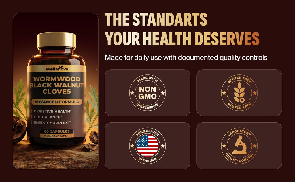 Wellanova Wormwood Black Walnut Clove Cleanse for Humans - Advanced Detox Formula for Adults - Gut Health Supplement with Wormwood Herb, Black Walnut Hull Extract & Clove - 60 Capsules
