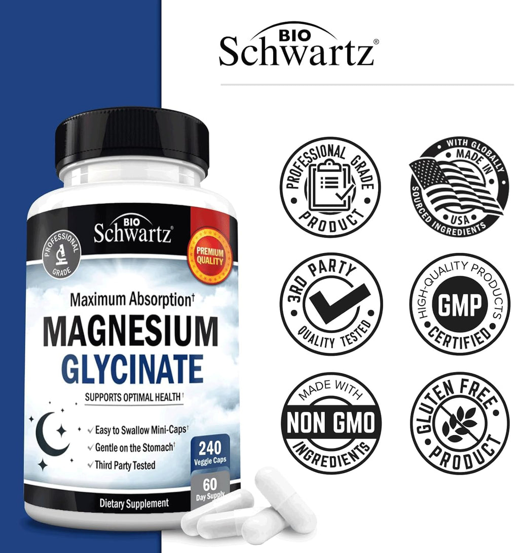BioSchwartz Magnesium Glycinate 500mg Capsules (240 Mini Caps) Maximum Absorption Magnesium Supplement for Healthy Nerves Muscles Heart Mood and Sleep Support (Vegan, Gluten-Free, Non-GMO)
