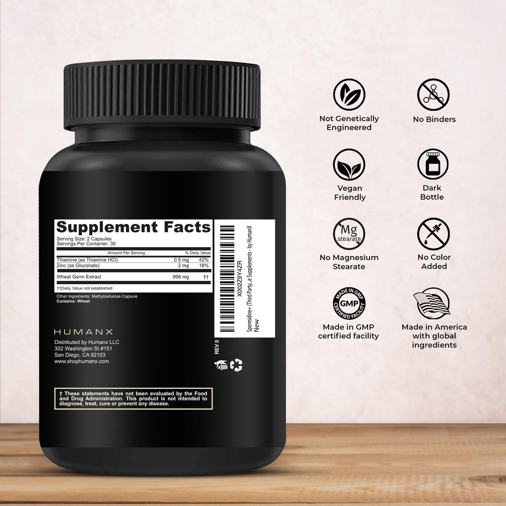 HUMANX Spermidine+ (USA Third Party Tested) - Spermidine-Rich Wheat Germ Extract & Zinc to Activate Cellular Renewal - Non-GMO, Spermidine Capsules - Supports Healthy Aging - Spermidine Supplement