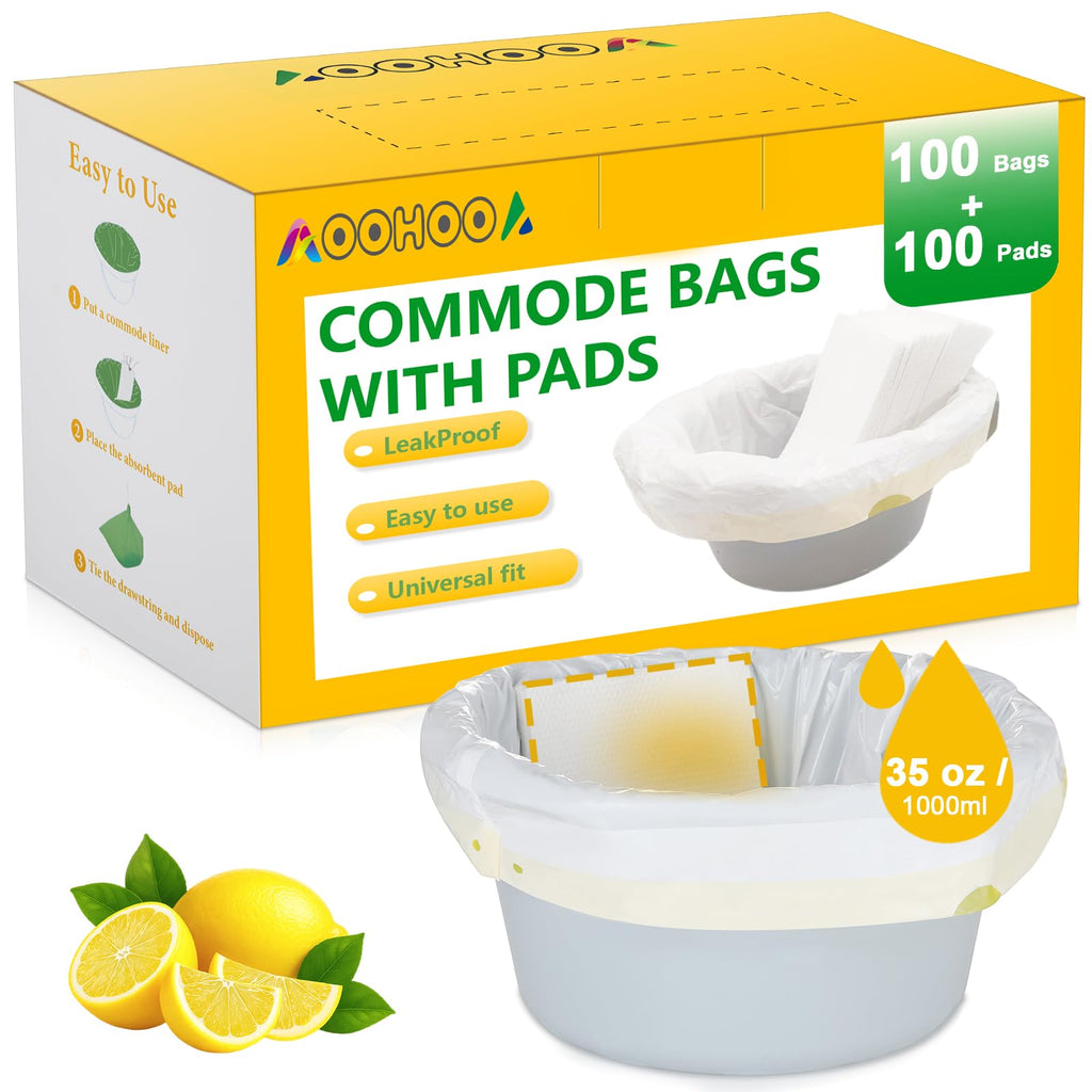 Bedside Commode Liners with Pads | 100 Commode Bags+100 Absorbent Pads | Leak-Guard | Rapid Absorption | Lemon Scented | Bedpan | Bedside Commode | Camping Toilet