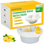 Bedside Commode Liners with Pads | 100 Commode Bags+100 Absorbent Pads | Leak-Guard | Rapid Absorption | Lemon Scented | Bedpan | Bedside Commode | Camping Toilet