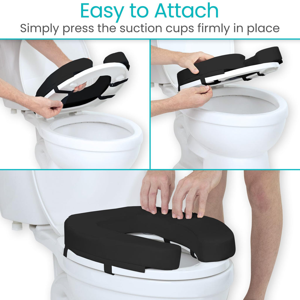 Vive Toilet Seat Cushion (Soft Cushioned Foam) - Easy Clean Padded Bathroom Attachment - Elongated, Standard Seats - Comfort and Support Donut for Handicap, Adults (2" Cushioned Foam, Black)
