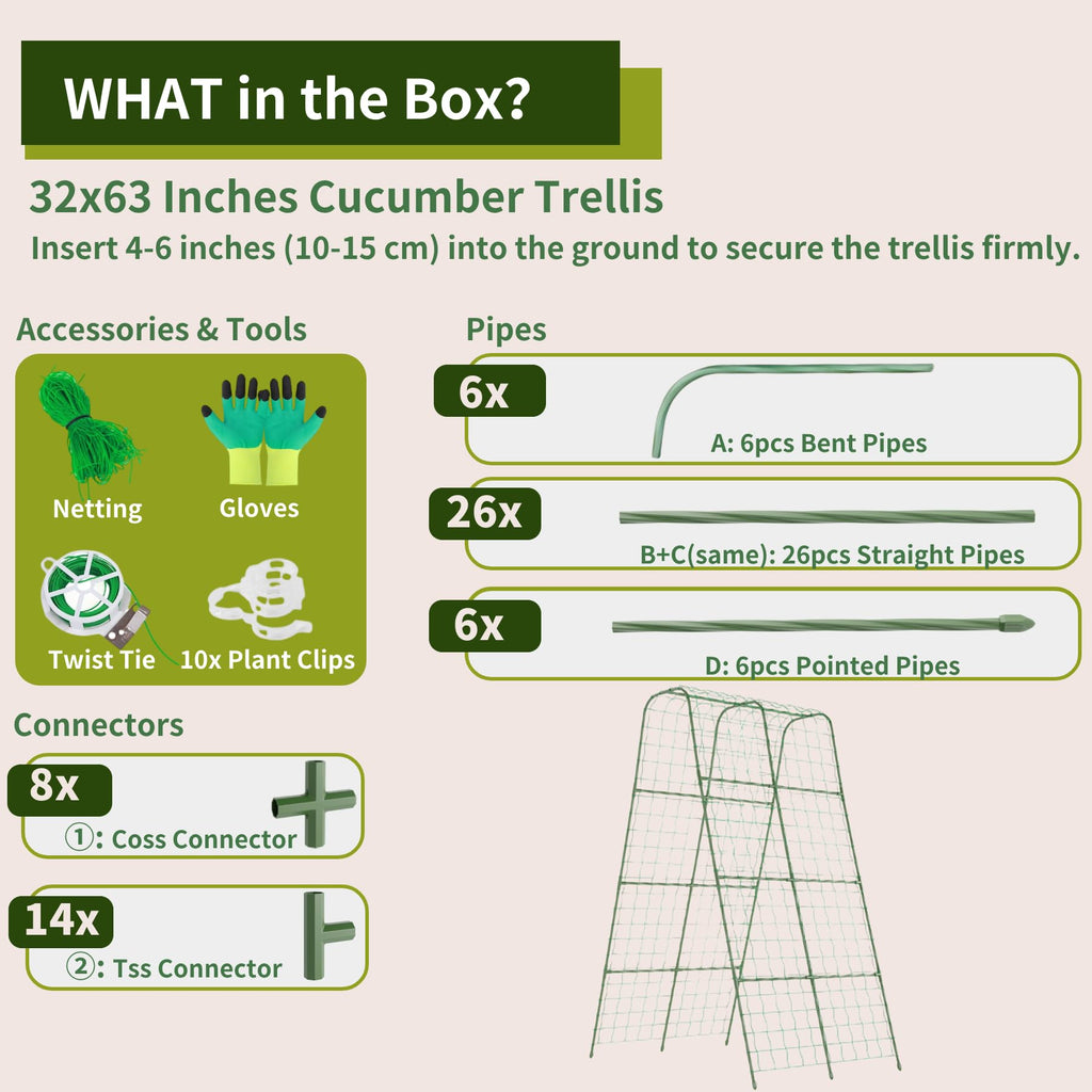 Miory Cucumber Trellis for Raised Bed, Garden Arch Trellis for Climbing Plants Outdoor, Steel with Plastic Coated Plant Support for Vines with Plastic Connector Nylon Netting (32" Lx32 Wx63 H)
