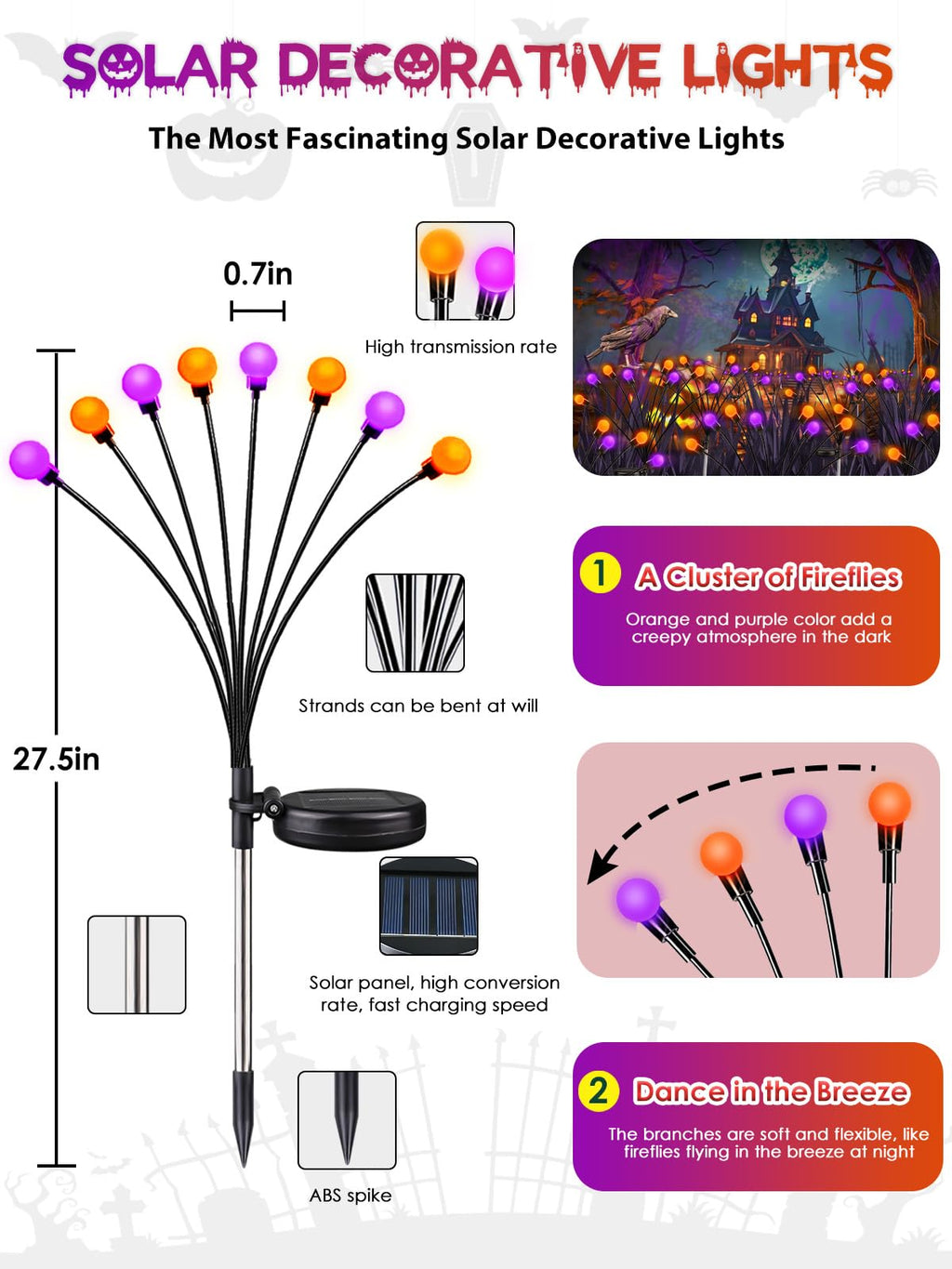 6 Pack Halloween Decorations Outdoor Solar Firefly Lights Orange Purple
