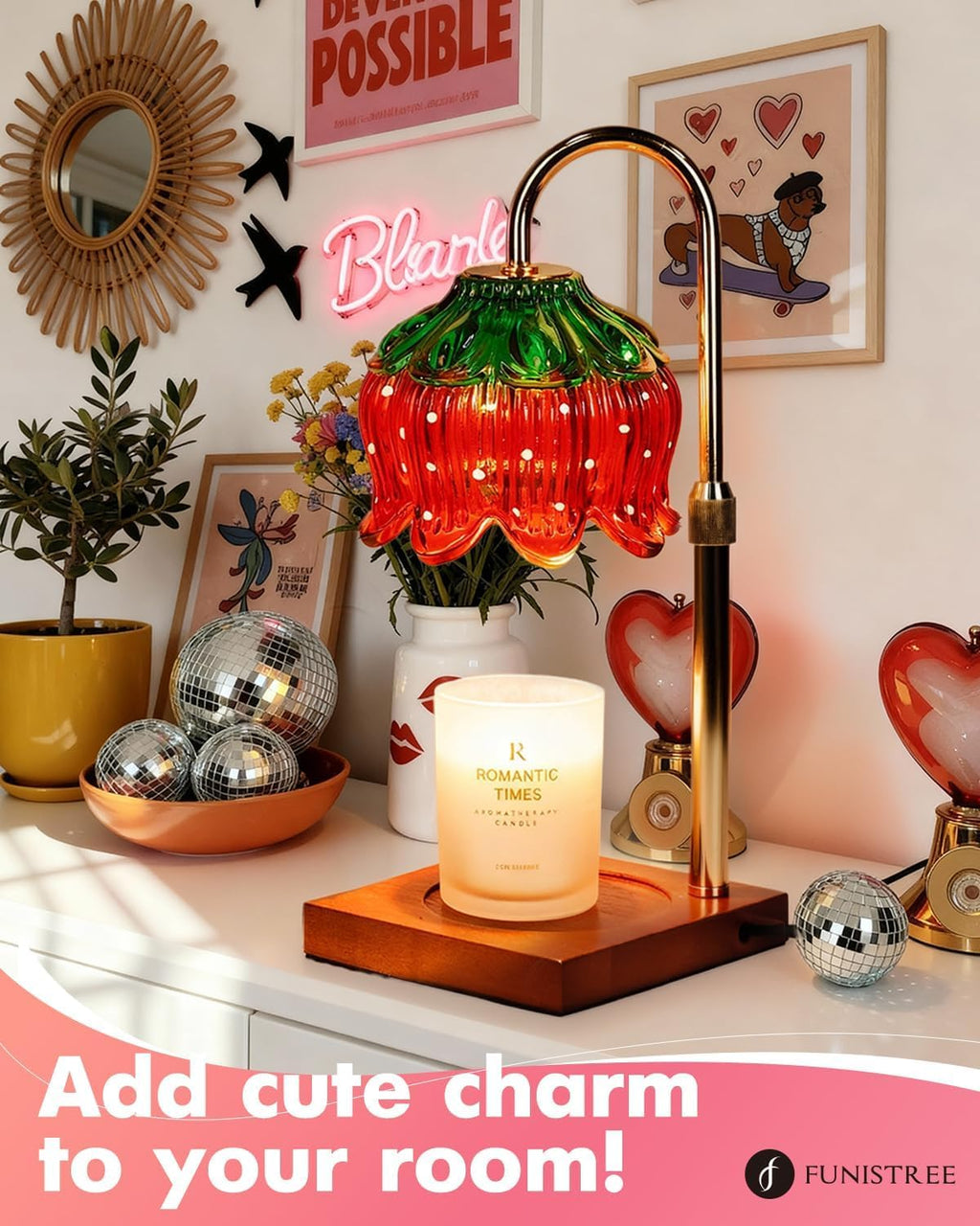 Strawberry Candle Warmer Lamp with Timer Dimmer, Adjustable Height Christmas Birthday Gifts for Women Mom House Warming Gifts New Home Bedroom Decor, Cute Candle Warmer Light for Jar Candles