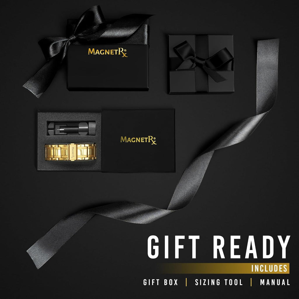 MagnetRX® 3x Strength Magnetic Bracelets for Men – Effective Magnetic Mens Titanium Bracelet – Premium Fold–over Clasp & Adjustable Length with Sizing Tool & Gift Box (Gold)