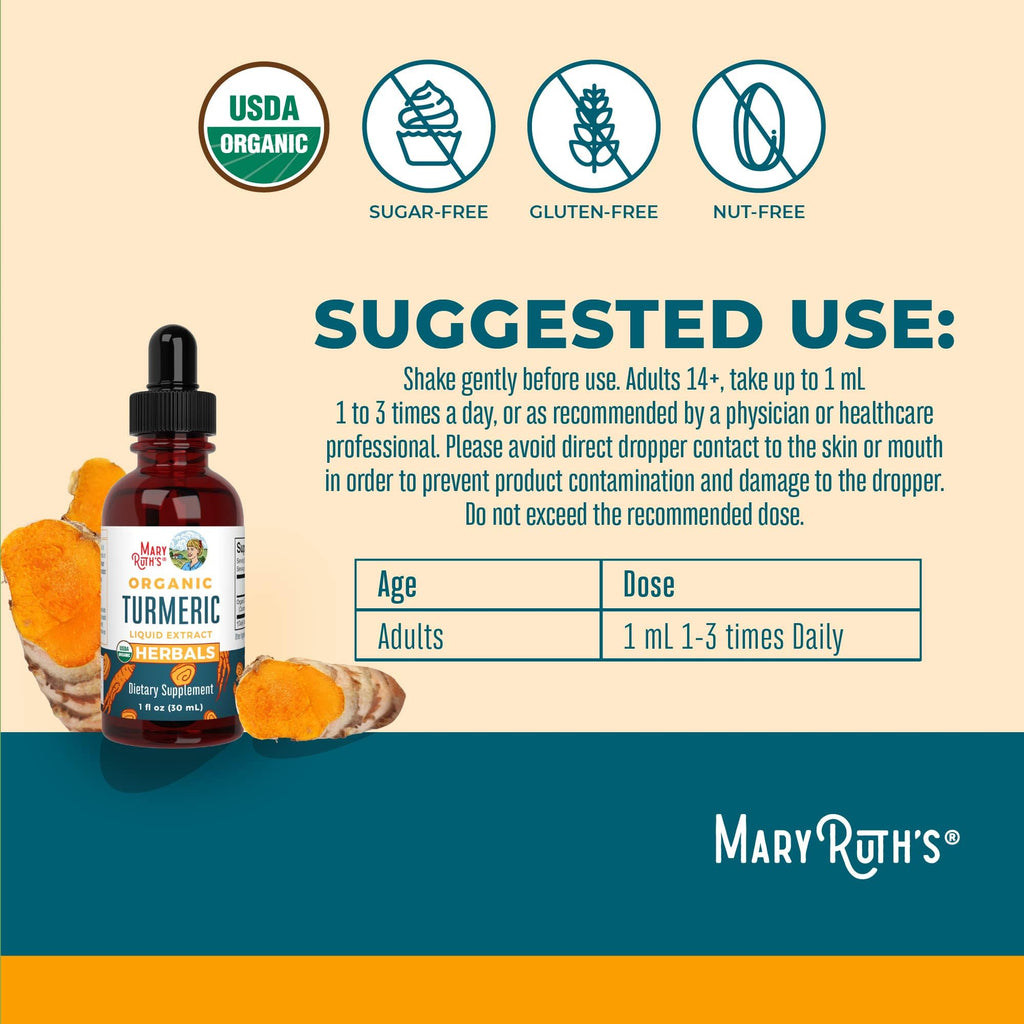 MaryRuth Organics Organic Turmeric Liquid Extract | Sugar Free | USDA Organic | Organic Turmeric Supplement | Non-GMO | Gluten Free | Vegan | Alcohol-Free Tincture | 1 Fl Oz