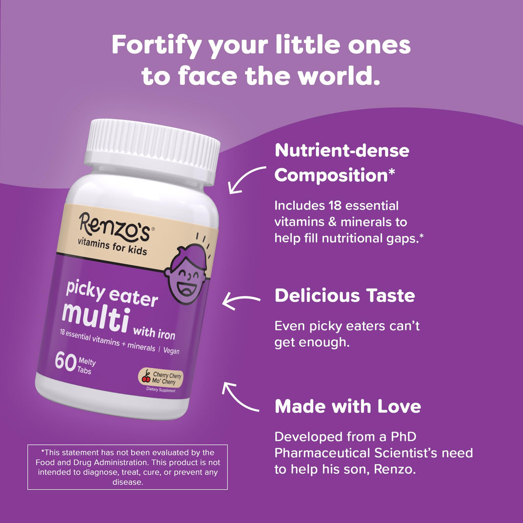 Renzo's Picky Eater Kids Multivitamin with Iron, Dissolving Kids Vitamins with Vitamin D3 & K2 and More, 60 Sugar-Free Melty Tabs, Cherry Mo’ Cherry Flavored