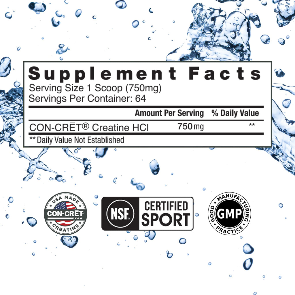 CON-CRET Creatine HCl Powder | Muscle, Cognitive, Cellular Energy Support | No Bloating or Cramps | USA Made & NSF Certified | Unflavored (64 Serving)