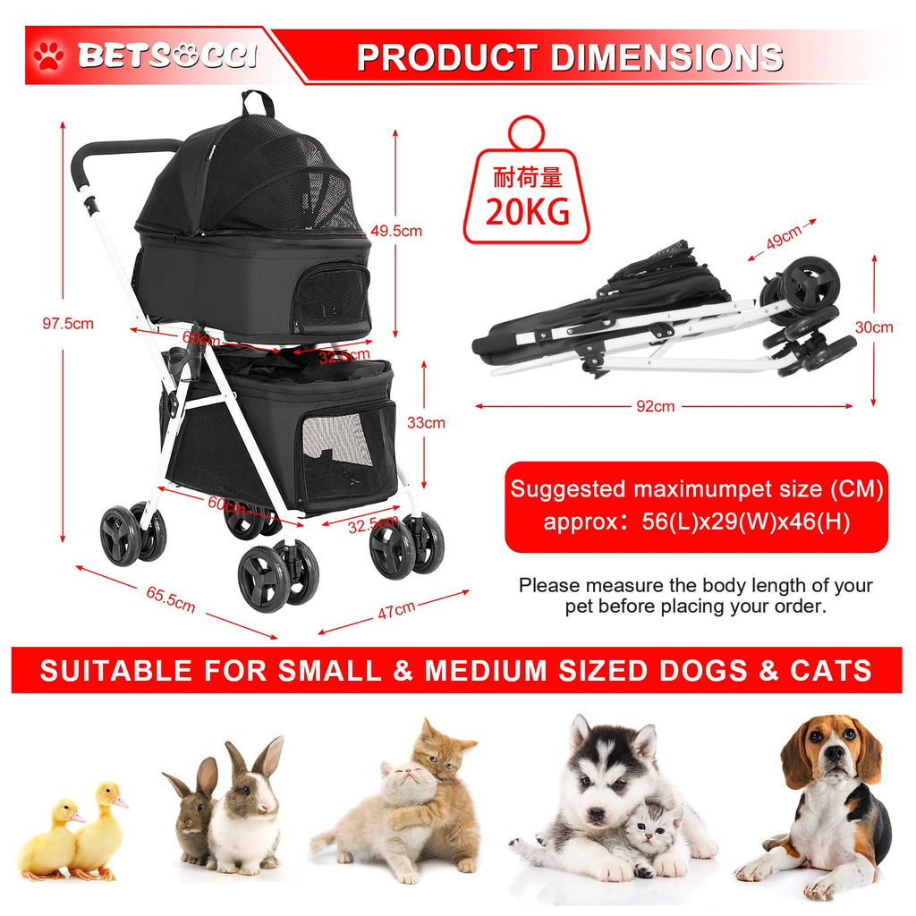 BETSOCCI Double Dog Stroller with 2 Detachable Carrier, Portable Pet Stroller for Small Dogs & Cats Folding Lightweight Puppy Travel Carriage, 4 Wheels, Black