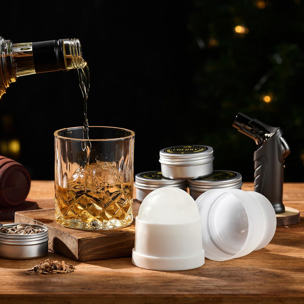 ComboJoy Whiskey Smoker Kit with Torch - 6 Flavors Wood Chips, 2 Glasses, 2 Ice Ball Molds - Cocktail Smoker Infuser Kit, Old Fashioned Drink Smoker Kit, Birthday Bourbon Gifts for Men,Dad(NO Butane)