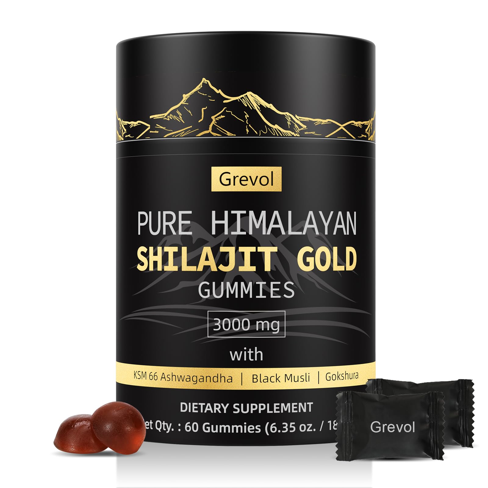Grevol Himalayan Shilajit Gummies: Gold Grade Shilajit Riched with Ashwagandha Fulvic Acid & 85+ Trace Minerals - No Added Sugar - Individually Wrapped - for Men & Women - 60 Gummy