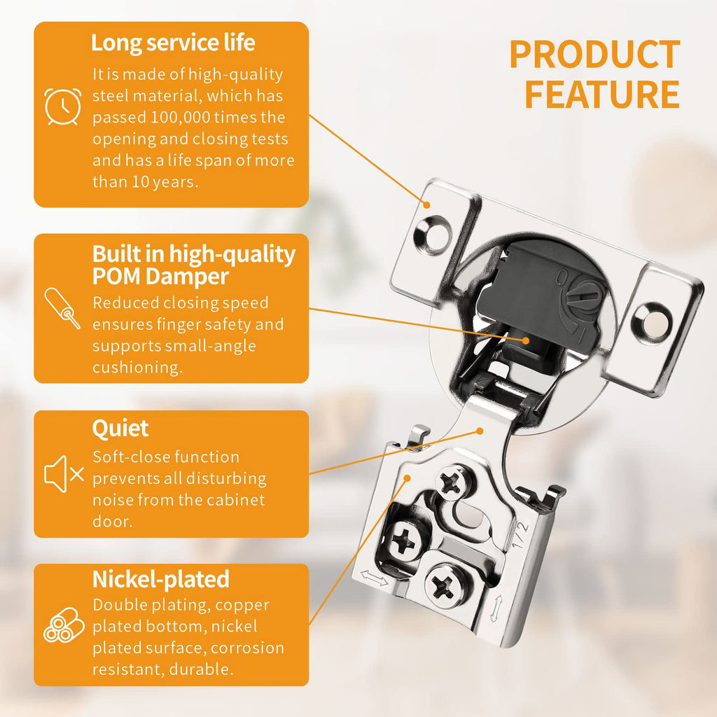 Chibery 10 Pack 1/2" Overlay 4D Soft Close Concealed Hinges for Face Frame Door, Adjustable Closing Speed, Smooth Slow Self Close Hinges, Satin Nickel, 105° Open Angle Stainless Steel Cabinet Hinges