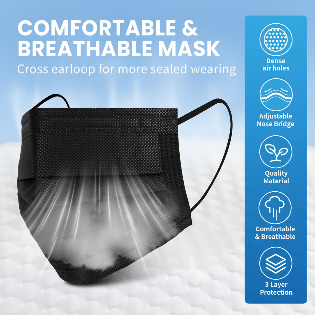 Borje Disposable Face Mask, 100 PCS Black Masks, 3 Ply Protection Face Masks