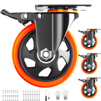 Casters Set of 4 Heavy Duty,5 Inch Caster Wheels with Brakes, Swivel Top Plate Casters No Noise Locking Castor with Polyurethane Wheels for Cart, Furniture,Workbench,Cabinet(Two Hardware Kits Include)