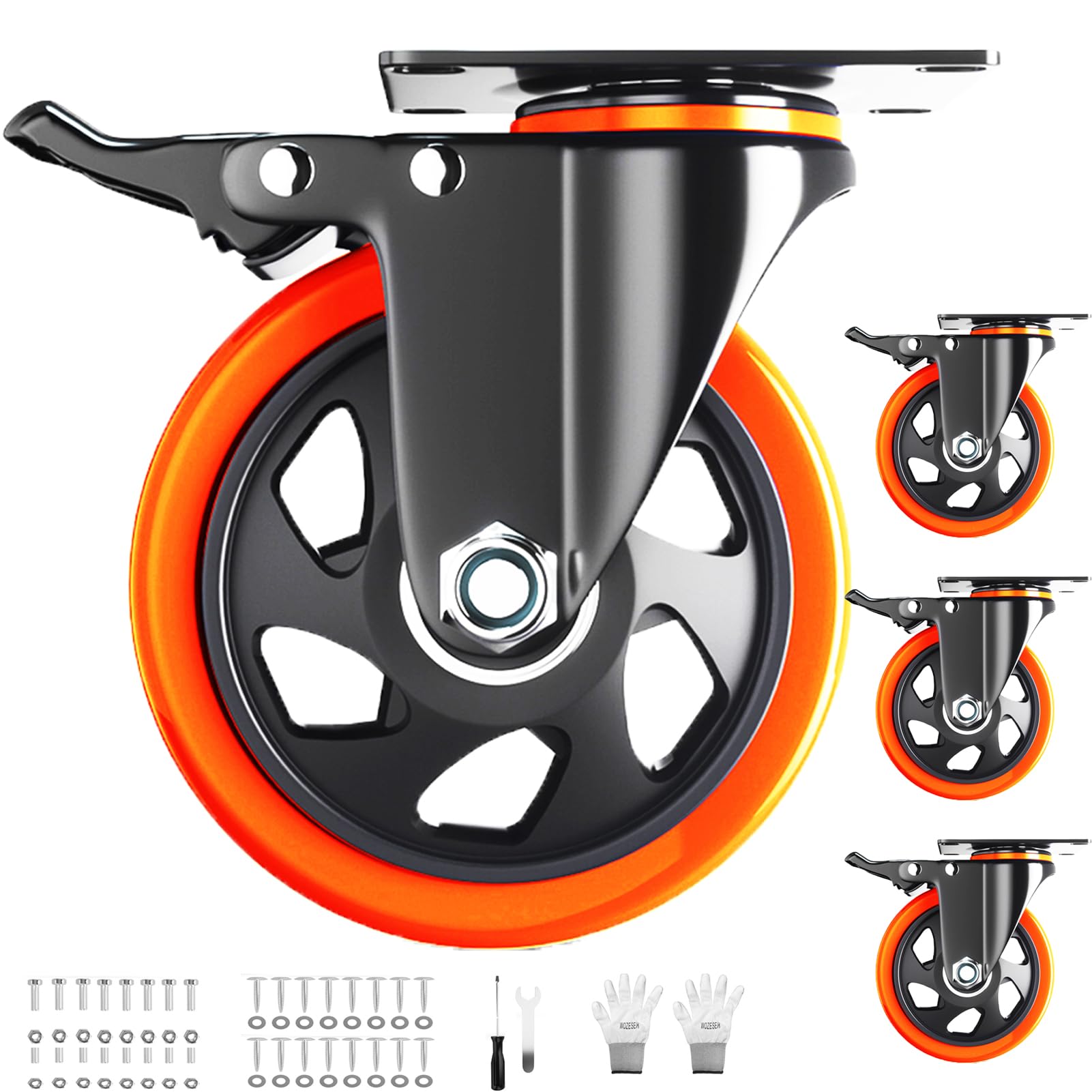 Casters Set of 4 Heavy Duty,5 Inch Caster Wheels with Brakes, Swivel Top Plate Casters No Noise Locking Castor with Polyurethane Wheels for Cart, Furniture,Workbench,Cabinet(Two Hardware Kits Include)