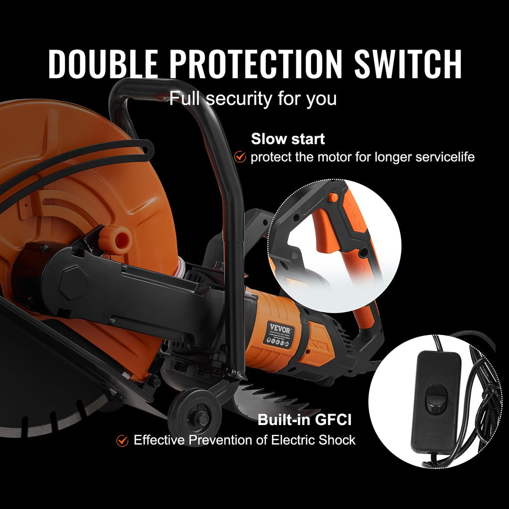 VEVOR Electric Concrete Saw, 16 in, 3200 W Motor Circular Saw Cutter with Max. 6 in Adjustable Cutting Depth, Wet Disk Cutter Includes Water Line, Pump and Blade, for Stone, Brick