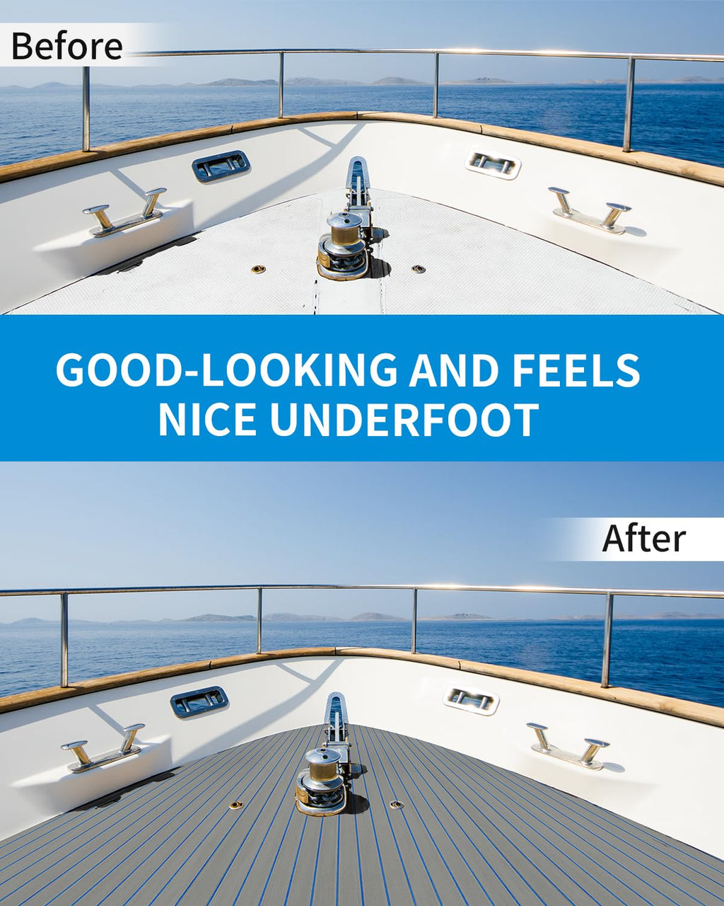 OCEANBROAD Boat Flooring EVA Foam Self-Adhesive 96''x28.8'' Faux Teak Marine Boat Decking Sheet for Jon Boats Yacht Floor, Gray with Blue Seam Lines