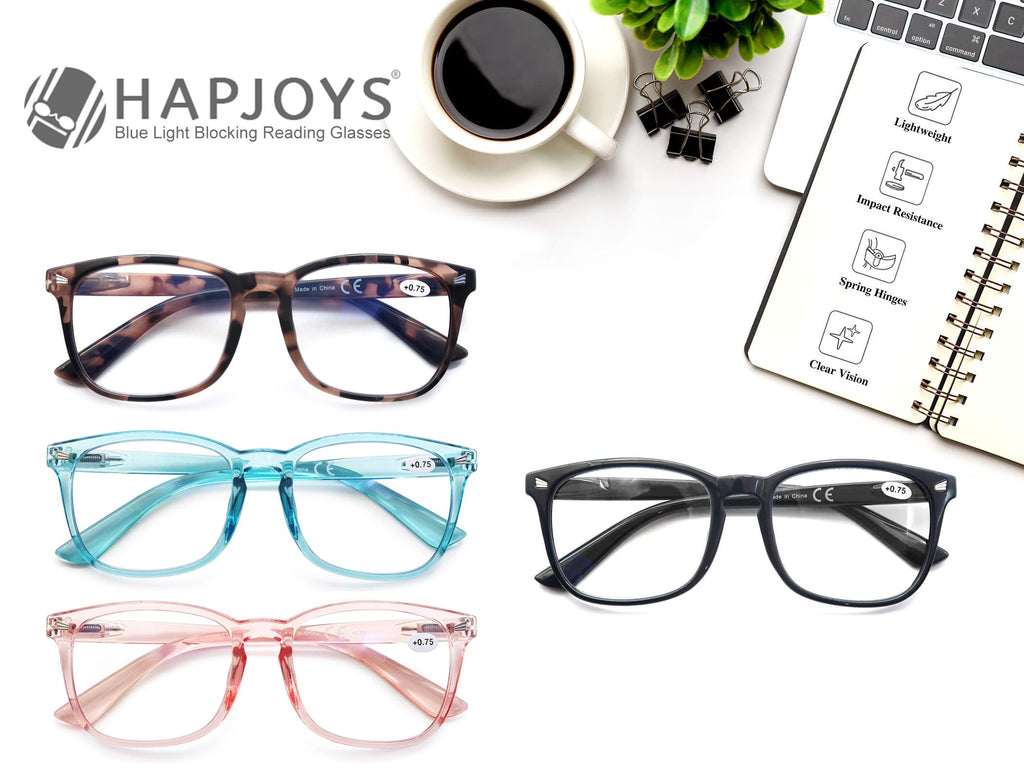 HAPJOYS Reading Glasses Women Blue Light Blocking Lightweight Computer Readers +0.75 Square Cheaters Reading Glasses 4 Pack Anti Glare Reduce Eyestrain Protect Eyes