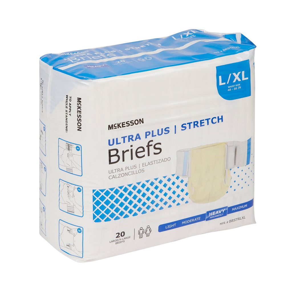 McKesson Ultra Plus Stretch Briefs, [80 Count], L/XL, 48-66 in. Incontinence Adult Diapers, Heavy Absorbency, Unisex, Disposable, Elastic Leg Gathers and Contoured Fit for Men and Women