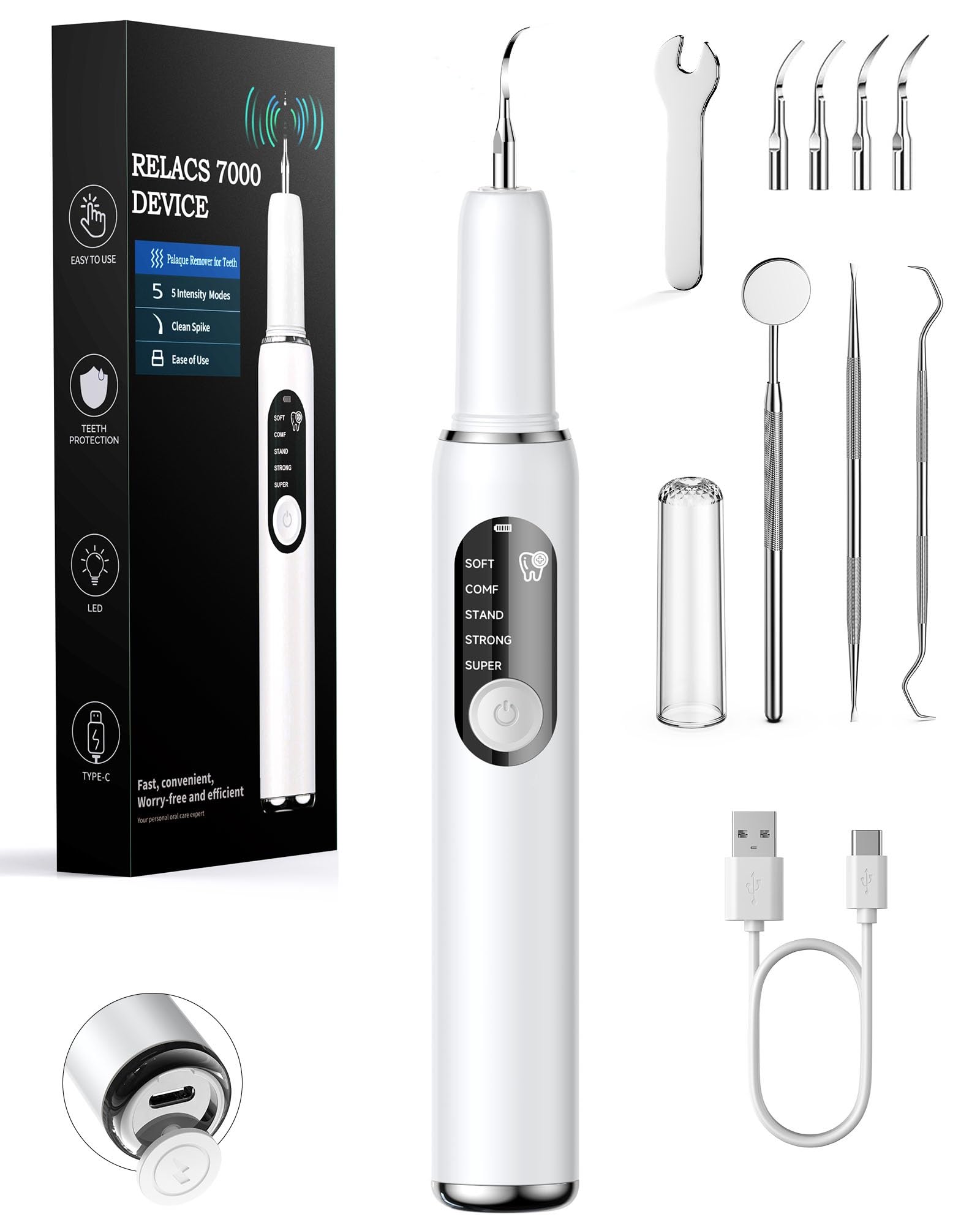 RELACS 7000 Plaque Remover for Teeth, Tartar Remover for Teeth, Dental Calculus Remover, Teeth Cleaning Kit 5 Speed Modes with 3 Replaceable Heads, with LED Light.