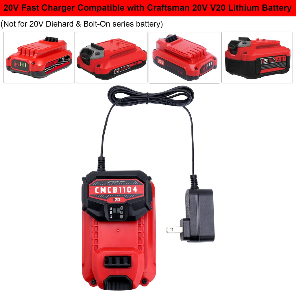 ELEFLY Compatible with Craftsman 20V Battery CMCB1104 Fast Charger, Compatible with Craftsman 20V Lithium Battery CMCB201 CMCB202 CMCB205 CMCB209 CMCB206 CMCB202-2