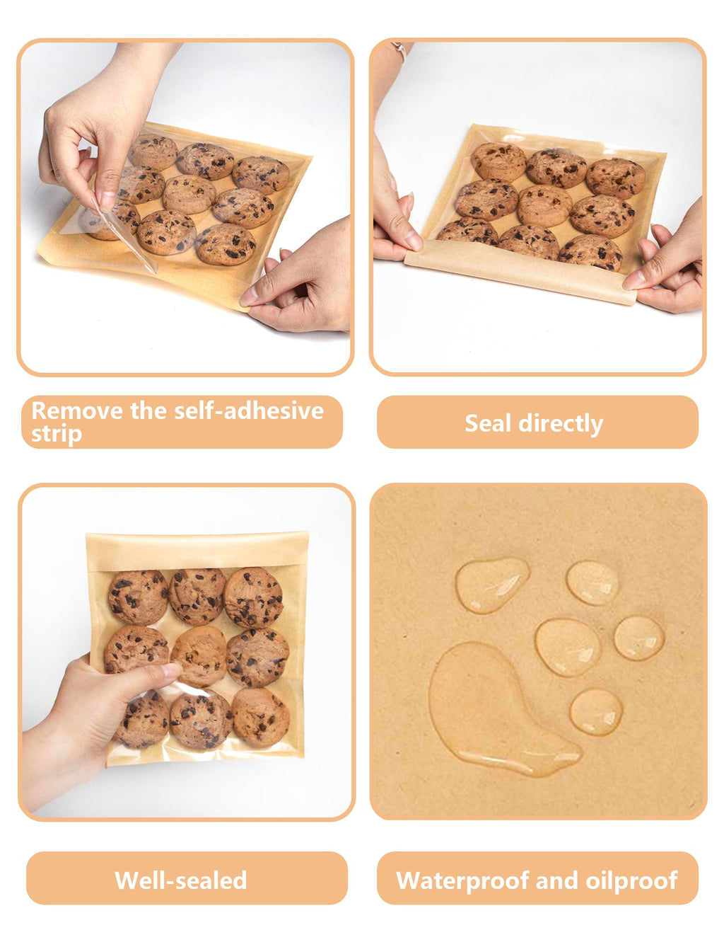 200 Self Sealing Sandwich Bags with Window, Paper Cookie Bags with Seal, Grease Resistant To Go Bakery Sleeves for Packaging Bagels, Donuts, Scone, Brownie, Small Pastries and other Treats