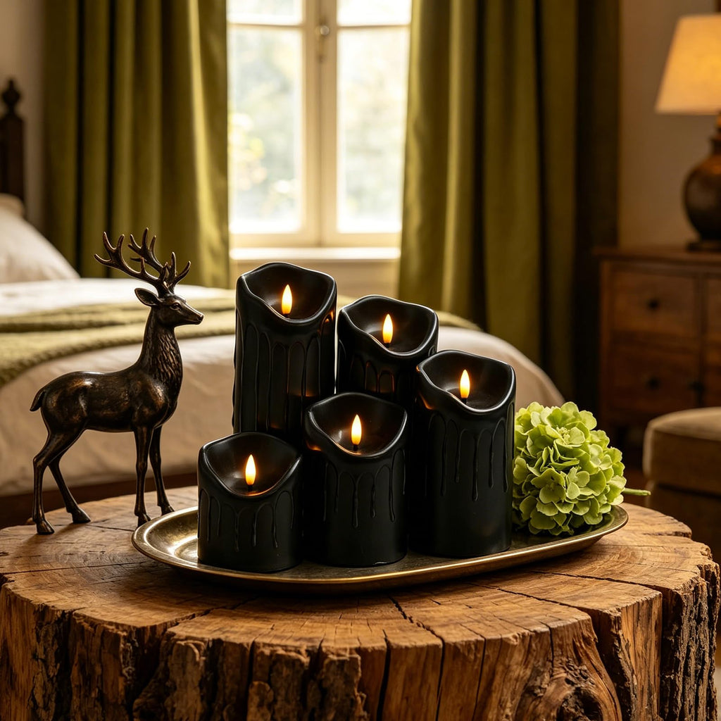 Xavnero 9 Pcs Flickering Flameless LED Pillar Candles, (D 3" x H 3" 4" 5" 6" 7") Battery Operated with Remote Plastic Wax Drip Fake Candles for Home Wedding Holiday Decor,Black