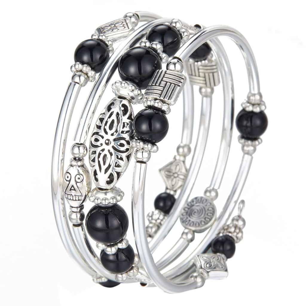 BULINLIN Layered Wrap Bangle Turquoise Bracelet - Bead Bracelet with Natural Agate Stone, Gifts For Women (03-Black)