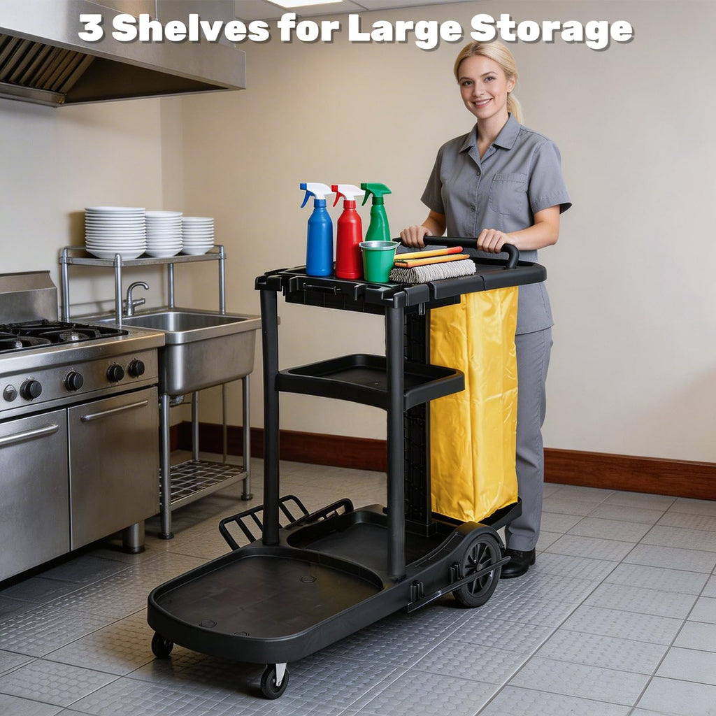 NORTHSKY Janitorial Cart, 3-Shelf Cleaning Carts on Wheels,Commercial Traditional Plastic Housekeeping Cart with 2 Yellow Vinyl Bag and 2 Pair of Rubber Gloves (Classic Black)
