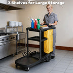 NORTHSKY Janitorial Cart, 3-Shelf Cleaning Carts on Wheels,Commercial Traditional Plastic Housekeeping Cart with 2 Yellow Vinyl Bag and 2 Pair of Rubber Gloves (Classic Black)