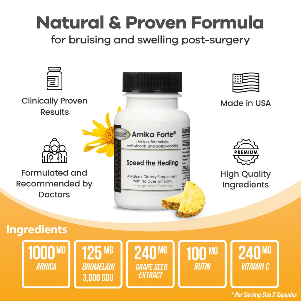 DermAvance Arnika Forte Capsules – Swelling and Bruising Reducer After Surgery and Aesthetic Treatments, Antioxidants & Bioflavonoids, Arnica 1000mg, Bromelain 125mg 3000GDU - 14 Capsules
