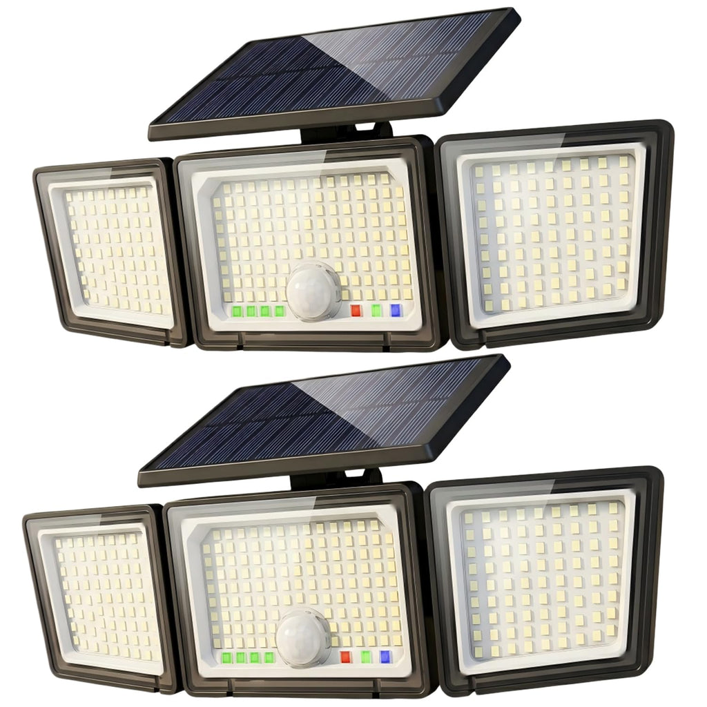 Solar Outdoor Lights Motion Sensor, 2500LM 286 LED Security Flood Lights with Visual Battery & Mode Display, 3 Lighting Modes, IP65 Waterproof 3-Head Wide Angle for Garage, Yard, Patio (2 Pack)