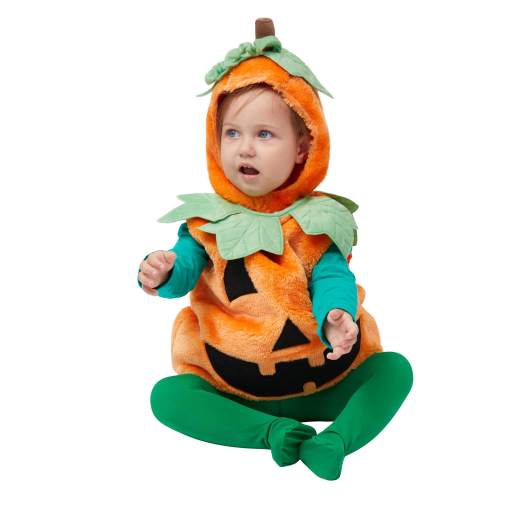 Spooktacular Creations Deluxe Pumpkin Costume with Plush Green leaves for Toddler, Kids Halloween Dress Up, Pumpkin Themed Party (3T)